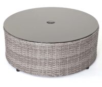 Runde Poly-Rattan Gartengarnitur grau mit dunkelgrauen Polstern