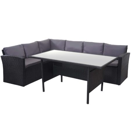 Polyrattan Gartengarnitur schwarz mit Esstisch und dunkelgrauen Kissen