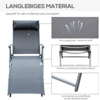 Graue, klappbare Gartenliege mit Kissen, Maße 137x635x1005cm.