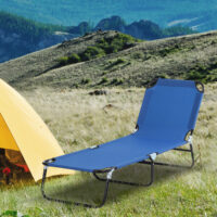 Blaue Gartenliege aus Stahl, 188x56x28 cm, mit verstellbarer Rückenlehne.