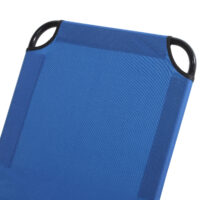 Blaue Gartenliege aus Stahl, 188x56x28 cm, mit verstellbarer Rückenlehne.