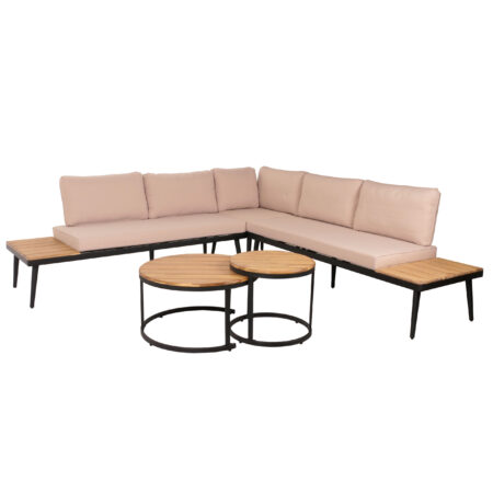 Garten Lounge Set aus Akazienholz und Stahl mit Beistelltisch und Kissen