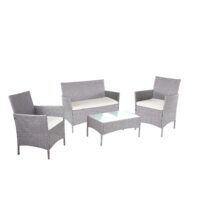 Garten Lounge-Set 2-1-1 Poly-Rattan Sofa grau mit cremefarbenen Kissen