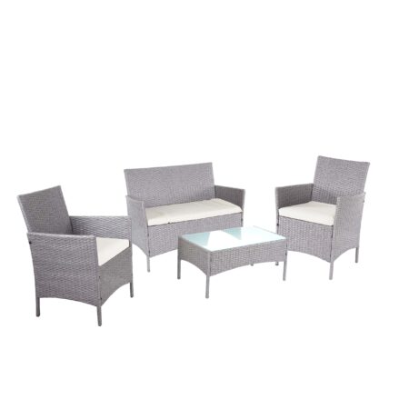 Garten Lounge-Set 2-1-1 Poly-Rattan Sofa grau mit cremefarbenen Kissen