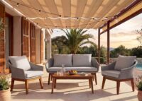 Garten Lounge Set aus Poly-Rattan und Akazienholz grau inklusive Kissen