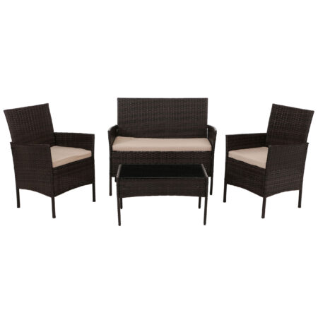 Poly-Rattan Gartenlounge Set braun mit cremefarbenen Kissen Metallgestell