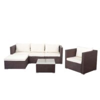 Poly-Rattan Lounge Sitzgruppe braun mit cremefarbenen Kissen für Garten