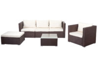 Poly-Rattan Lounge Sitzgruppe braun mit cremefarbenen Kissen für Garten