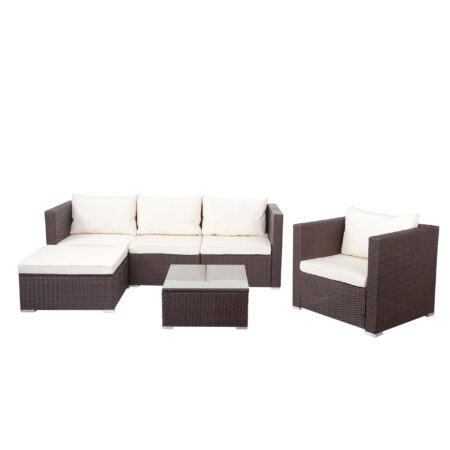 Poly-Rattan Lounge Sitzgruppe braun mit cremefarbenen Kissen für Garten