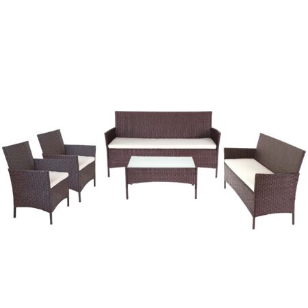 Poly-Rattan Lounge-Set braun Gartensitzgruppe mit cremefarbenen Kissen