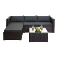 Poly-Rattan Gartenlounge Set braun mit Sofa und dunkelgrauen Kissen