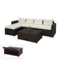Poly-Rattan Lounge Set braun mit Stauraum und cremefarbenen Kissen