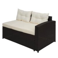 Poly-Rattan Lounge Set braun mit Stauraum und cremefarbenen Kissen