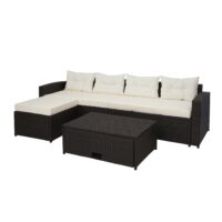 Poly-Rattan Lounge Set braun mit Stauraum und cremefarbenen Kissen