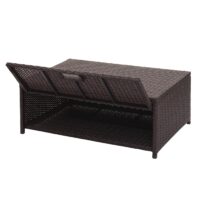 Poly-Rattan Lounge Set braun mit Stauraum und cremefarbenen Kissen
