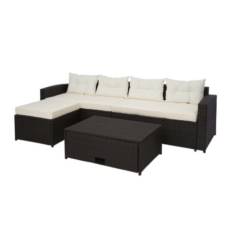Poly-Rattan Lounge Set braun mit Stauraum und cremefarbenen Kissen