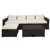 Poly-Rattan Lounge Set braun mit Stauraum und cremefarbenen Kissen