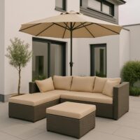 Poly-Rattan Gartenlounge Set grau mit beigen Polstern für Balkon