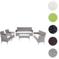 Poly-Rattan Garten Lounge-Set grau mit cremefarbenen Kissen 4-teilig