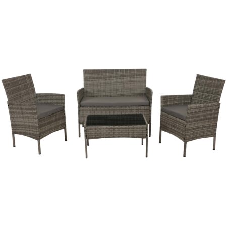 Poly-Rattan Gartenlounge Set grau mit Glastisch und Kissen