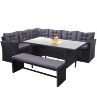 Garten Lounge-Set aus Polyrattan schwarz mit Bank und Kissen