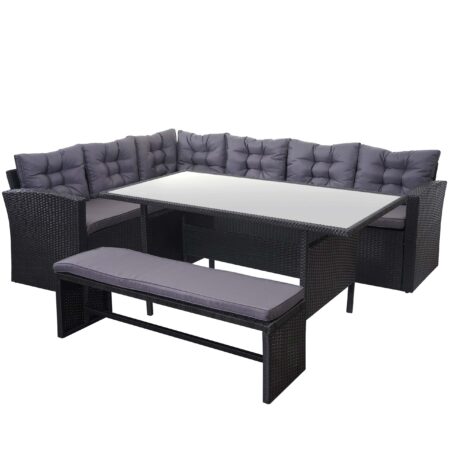 Garten Lounge-Set aus Polyrattan schwarz mit Bank und Kissen