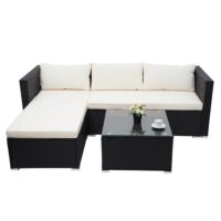 Poly-Rattan Lounge-Set schwarz mit cremefarbenen Kissen für Garten und Balkon