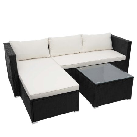 Poly-Rattan Lounge-Set schwarz mit cremefarbenen Kissen für Garten und Balkon