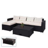 Poly-Rattan Gartenlounge Set schwarz mit Staufach und cremefarbenen Kissen