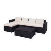 Poly-Rattan Gartenlounge Set schwarz mit Staufach und cremefarbenen Kissen