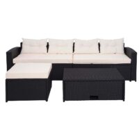 Poly-Rattan Gartenlounge Set schwarz mit Staufach und cremefarbenen Kissen