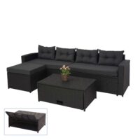 Poly-Rattan Loungeset schwarz mit Staufach und dunkelgrauen Kissen
