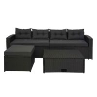 Poly-Rattan Loungeset schwarz mit Staufach und dunkelgrauen Kissen