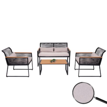 Gartenlounge Sofa mit Seilgeflecht und hellgrauen Polstern