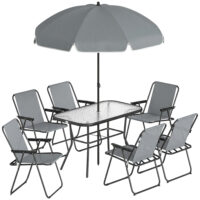 Gartenmöbel Set mit Glastisch 6 Klappstühlen und Sonnenschirm grau
