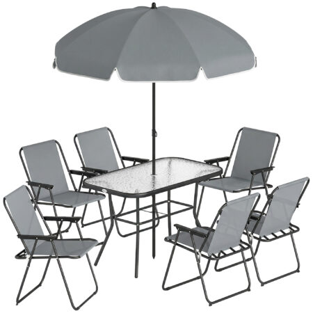 Gartenmöbel Set mit Glastisch 6 Klappstühlen und Sonnenschirm grau