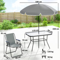 Gartenmöbel Set mit Glastisch 6 Klappstühlen und Sonnenschirm grau