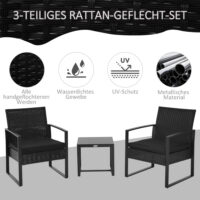 Gartenset für 2 Personen, Polyrattan-Sitzgruppe für Balkon oder Terrasse, Schwarz.