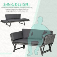 Gartensofa 2 Sitzer klappbar mit Armlehnen Polyrattan grau