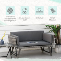 Gartensofa 2 Sitzer klappbar mit Armlehnen Polyrattan grau