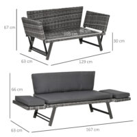Gartensofa 2 Sitzer klappbar mit Armlehnen Polyrattan grau