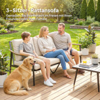 Gartensofa 3-Sitzer Rattan mit abnehmbaren Kissen khaki