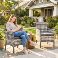 Gartenstuhl 2er Set Polyrattan mit Kissen grau