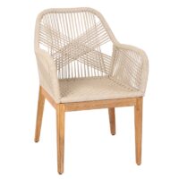 Gartenstuhl Outdoor wetterfest Seilgeflecht Akazie beige Kissen creme-weiss