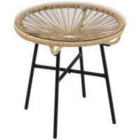 Gartentisch Rattan Boho Stil wetterfest mit Glasplatte beige