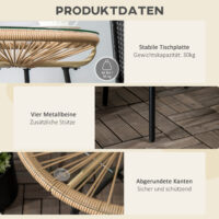 Gartentisch Rattan Boho Stil wetterfest mit Glasplatte beige