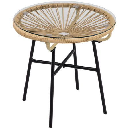 Gartentisch Rattan Boho Stil wetterfest mit Glasplatte beige