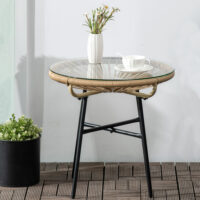 Gartentisch Rattan Boho Stil wetterfest mit Glasplatte beige