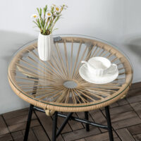 Gartentisch Rattan Boho Stil wetterfest mit Glasplatte beige