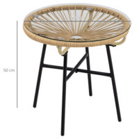 Gartentisch Rattan Boho Stil wetterfest mit Glasplatte beige